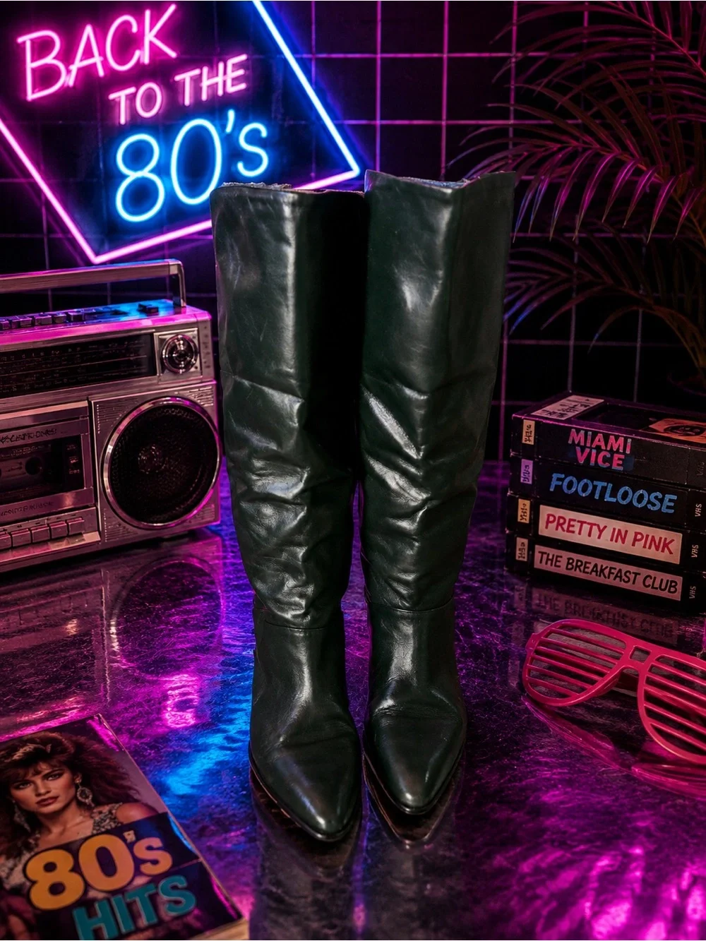 Tall Women's Knee-High Boots in Dark Green Hunter Green 80s Genuine Leather